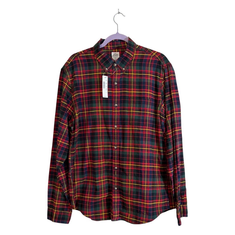 J.Crew Button Down Mens L Red‎ Plaid Slim Fit Long Sleeve Cotton NEW